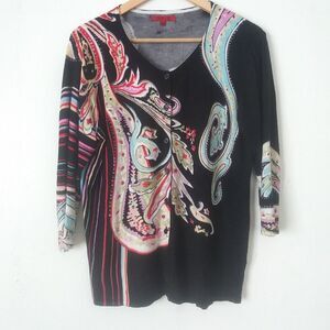 Joni B. Womens Y2K Artsy Cardigan Sweater, Size Large Black Multicolored Paisley